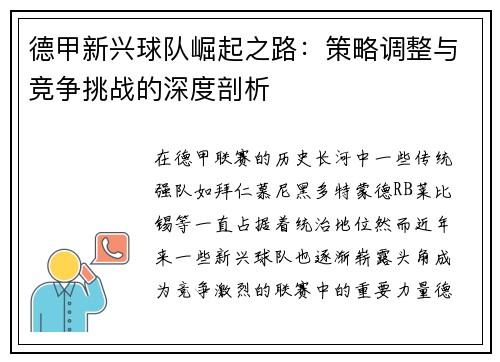 德甲新兴球队崛起之路:策略调整与竞争挑战的深度剖析 德甲新兴球队崛起之路:策略调整与竞争挑战的深度剖析