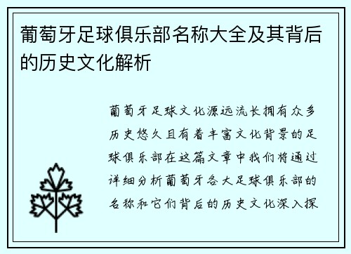 葡萄牙足球俱乐部名称大全及其背后的历史文化解析 葡萄牙足球俱乐部名称大全及其背后的历史文化解析