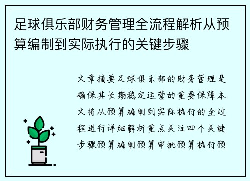 足球俱乐部财务管理全流程解析从预算编制到实际执行的关键步骤